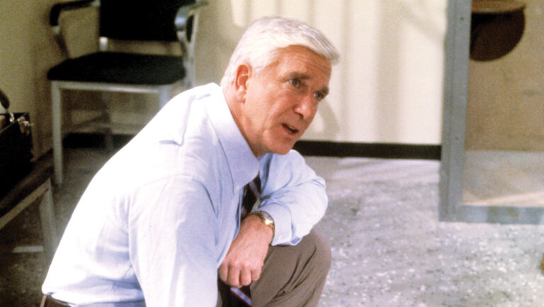 Leslie Nielsen as Detective Frank Drebin in the short-lived series Police Squad! After the success of Airplane!, Paramount chief Michael Eisner insisted that ABC give the show creators carte blanche.