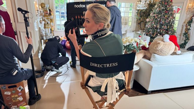 The Directress at work: Louise Linton on the set of her new film, Twas the Fight Before Christmas.